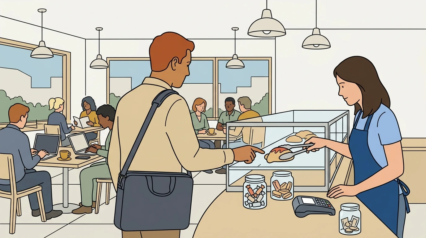 A man buying a pastry at a café counter before sitting down to work