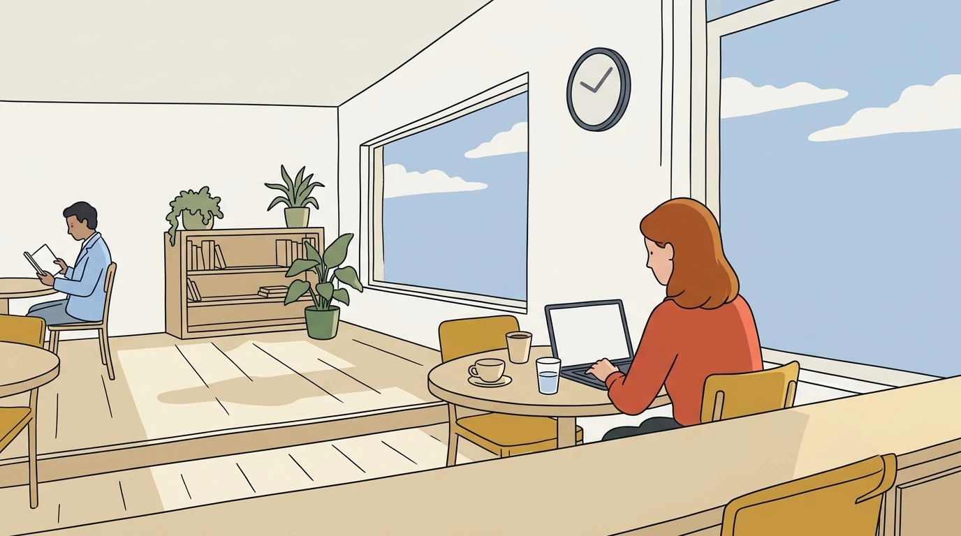 A woman working in a quiet café in the late afternoon with a fresh coffee