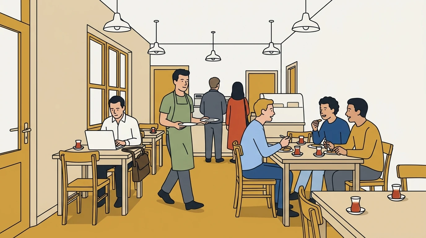A man working on a laptop in a busy café at lunchtime