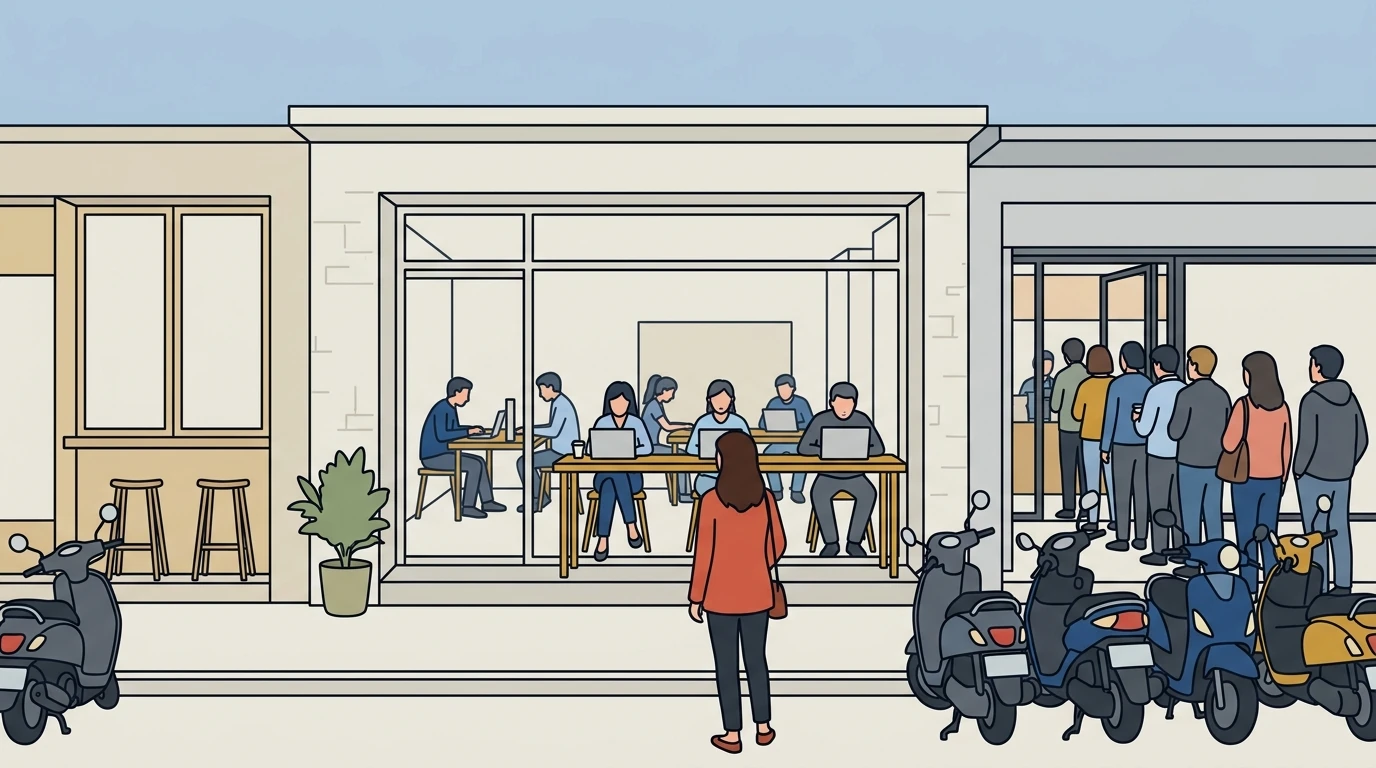 A café on a Taipei street with a queue outside and people working at a long table