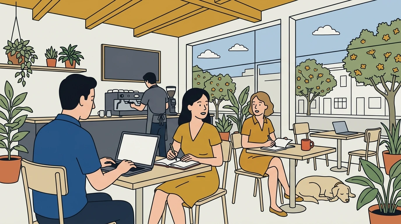 Two strangers working side by side in a lively café